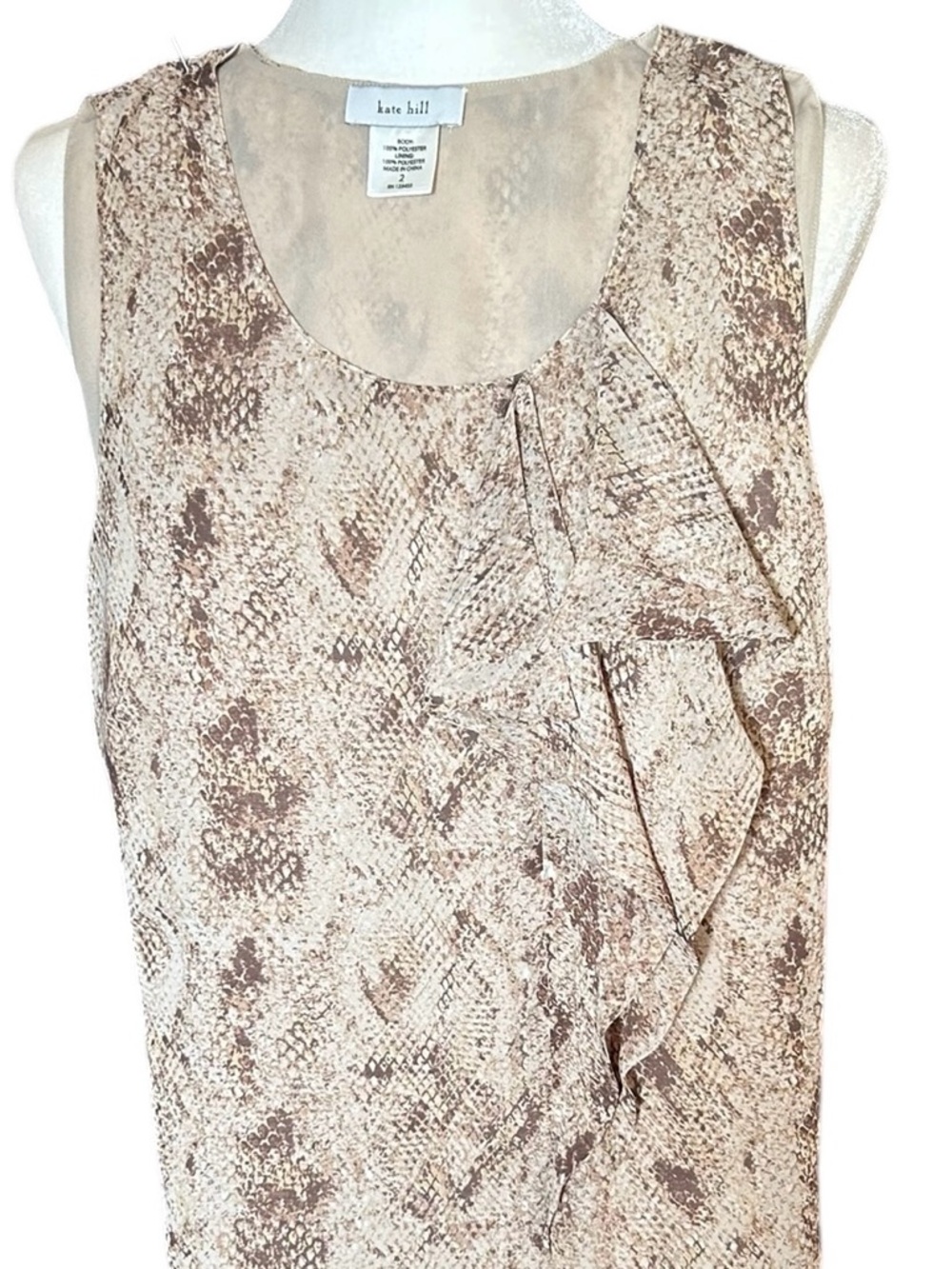 KATE HILL Tan & Brown Snake Print 100% Polyester Top  w/Lining. Size: 2. $20.